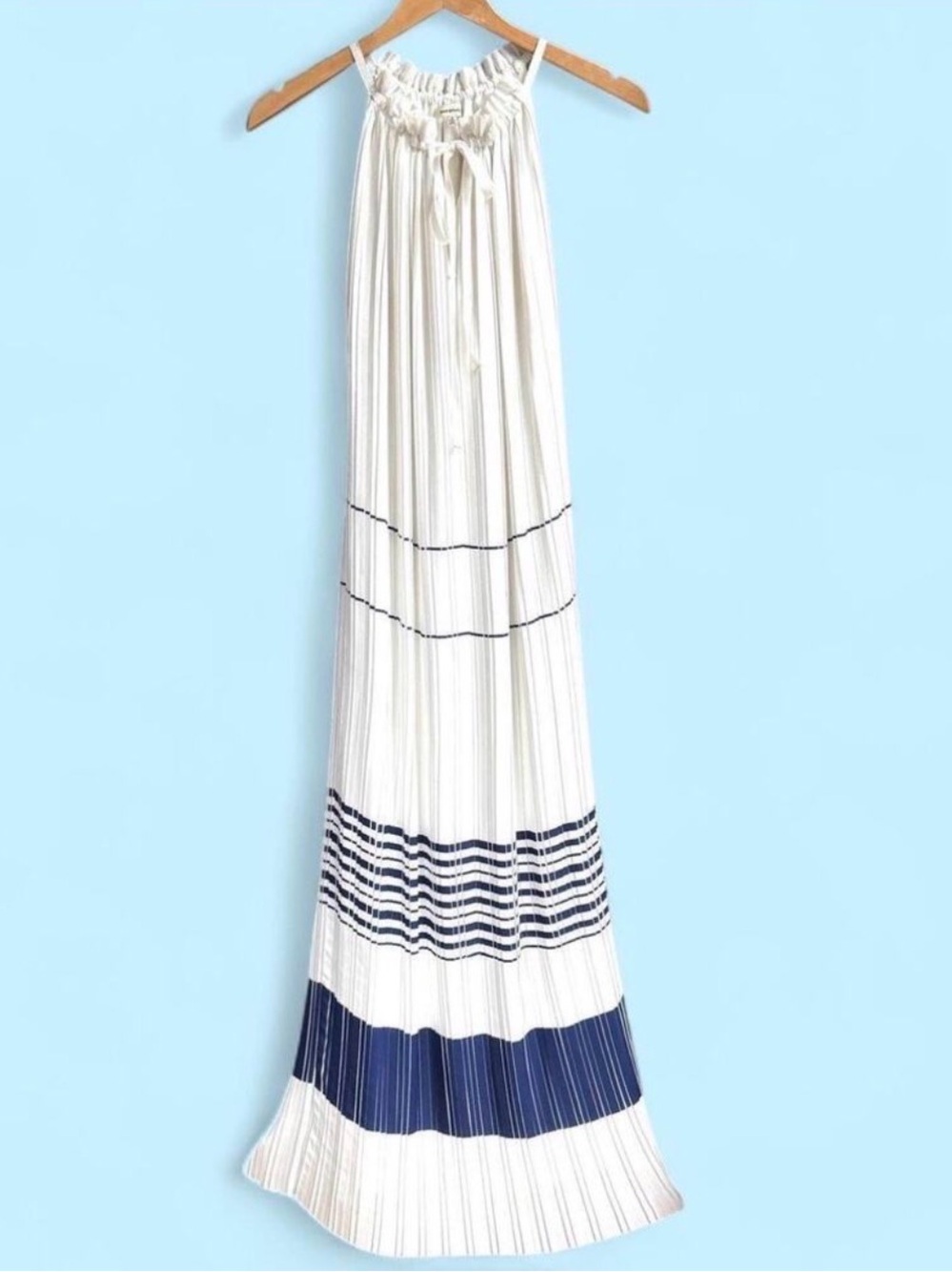 Max Studio White Pleated Halter Maxi Dress Navy Blue Horizontal Striped Small